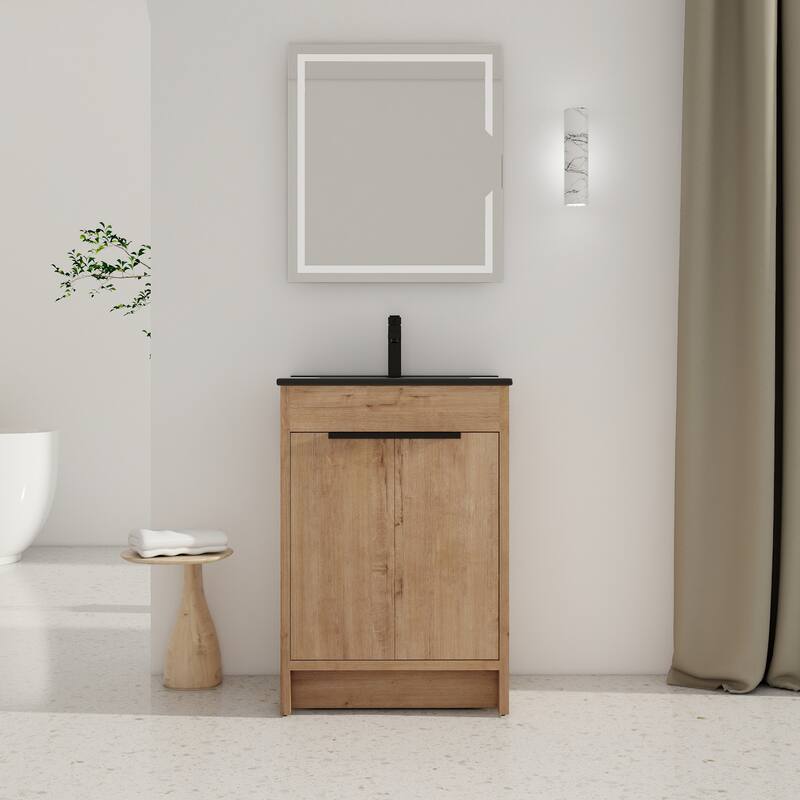 Freestanding Vanity with Black Ceramic Sink, Adjustable Shelf, Soft Closing Hinges, and Metal Handle - 24in L Plywood - Imitative Oak