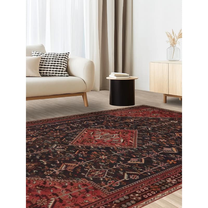 Hand Knotted Oriental 100% Wool Carpet Traditional Medallion Greys & Charcoal Shiraz Area Rug - 9' 11'' X 6' 8''