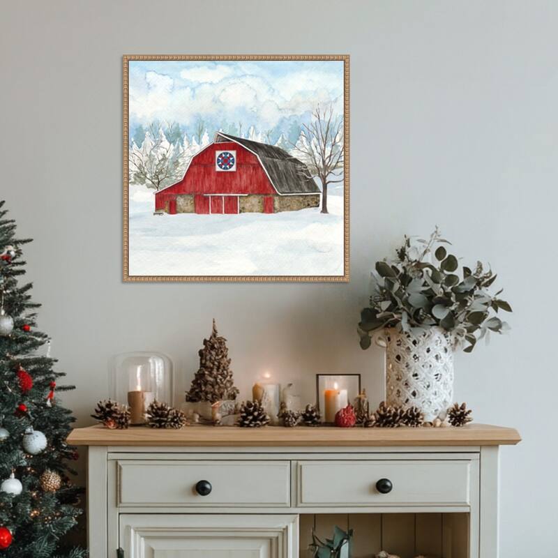 Winter Barn Quilt IV by Tara Reed (22 x 22 in.), Framed Canvas Wall Art Print - Sylvie Beaded Rustic Natural