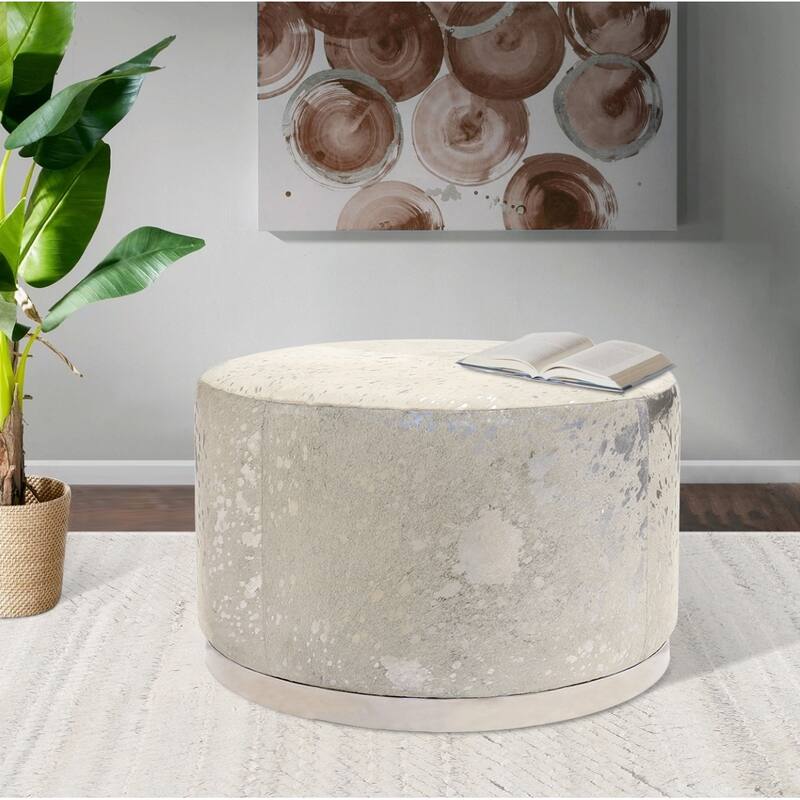 Pasargad Home Safari Cowhide Ottoman with Stainless Steel Base