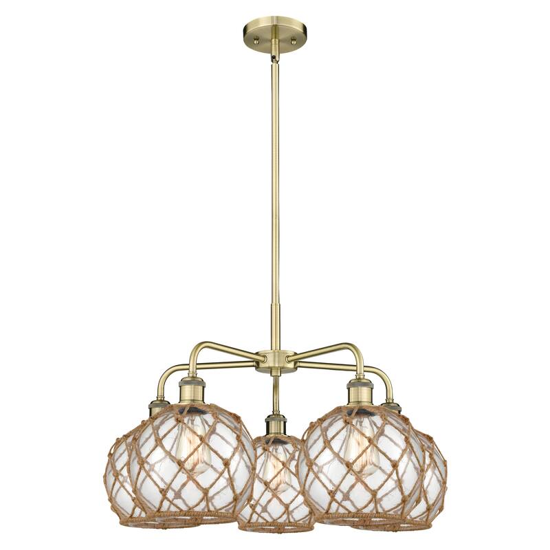 Innovations Lighting Endless Possibilities Ballston - Farmhouse Rope - 5 Light 27" Stem Hung Chandelier - Antique Brass/Clear Glass with Brown Rope