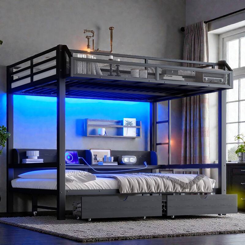 Metal Bunk Bed with Storage Shelves, Drawers, USB Ports, LED Lights & Convertible Lower Bed Sofa Design