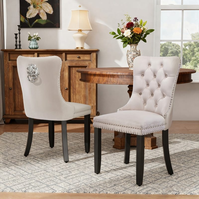 High-end Tufted Velvet Upholstered Nailhead Dining Chair Set of 6 - Set of 2 - Beige
