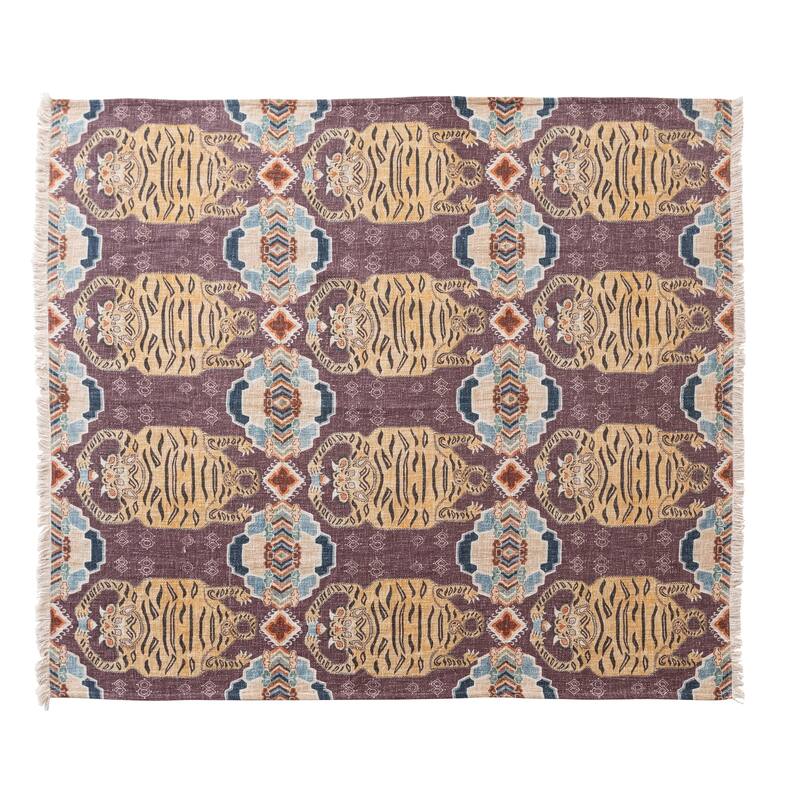 Cotton Slub Printed Throw Blanket with Pattern - Multicolor
