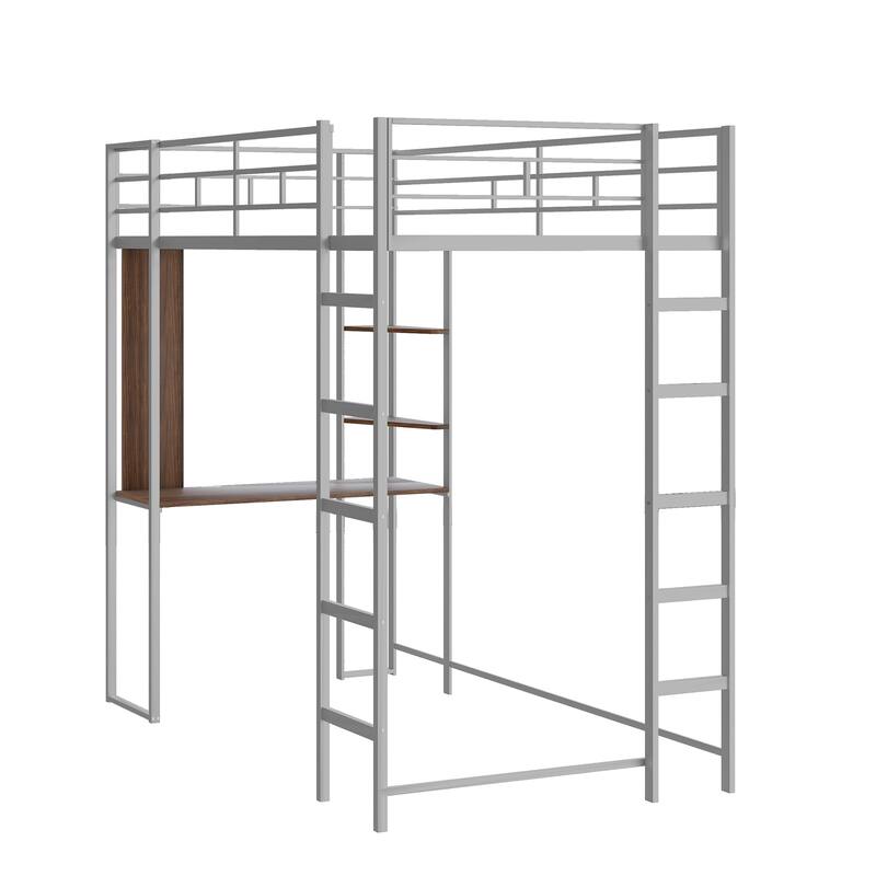 Twin Metal Loft Bed with 2 Shelves & Desk - Space-Saving Design for Bedroom/Dorm, Functional Furniture