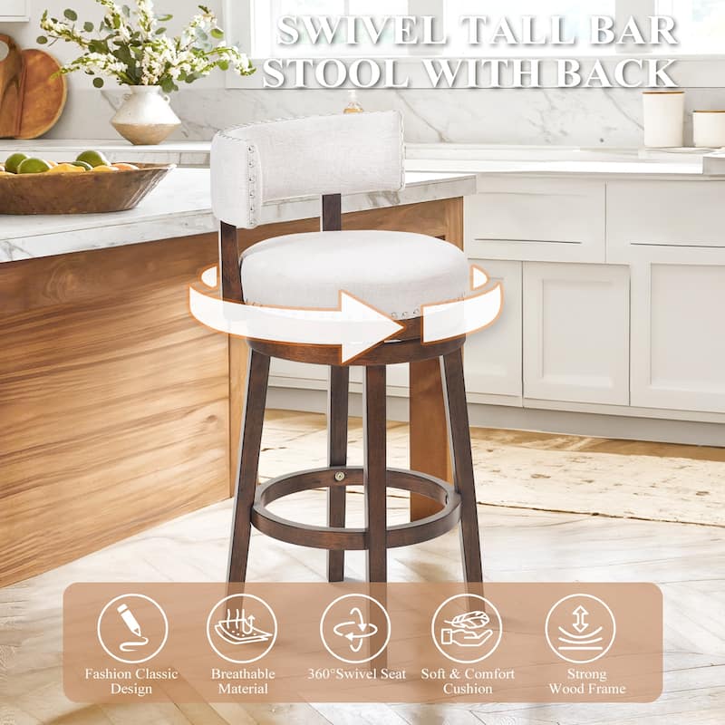 Modern Velvet Swivel Bar Stool - 25" or 30" Counter Height with Adjustable Footrest & Walnut Base, for Kitchen Islands