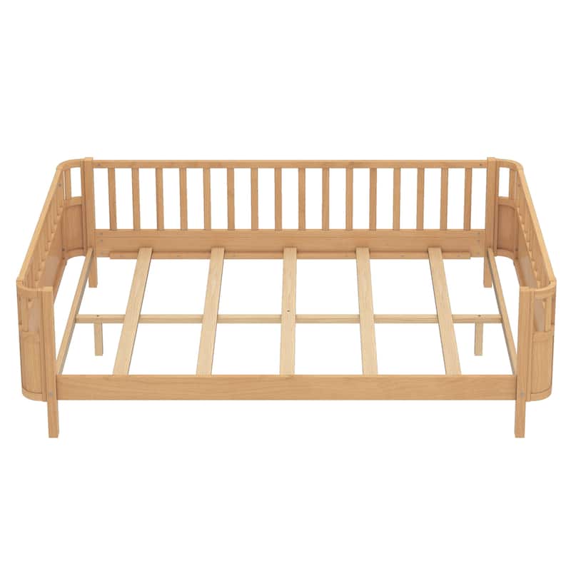 Multi Size Low Platform Bed for Kids with Rounded Corners Guardrails, Detachable Right-side Fence and Open Left-side Design