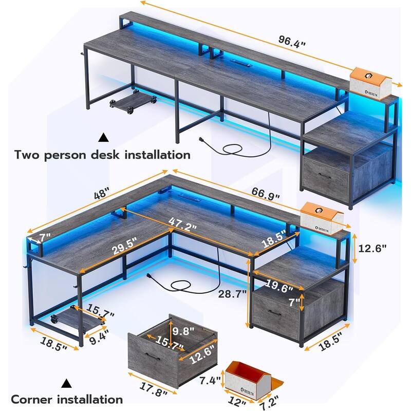 L Shaped Home Office Desk Computer desk File Drawer Power Outlet