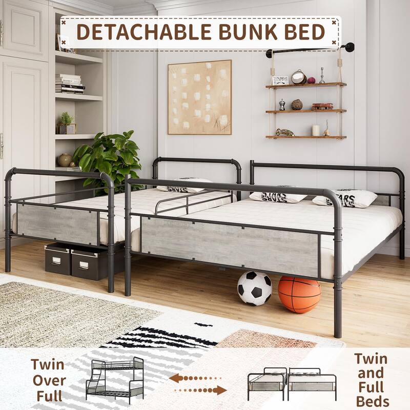 Metal Bunk Bed Twin Over Full Size, with Angled Ladder, High Guardrail