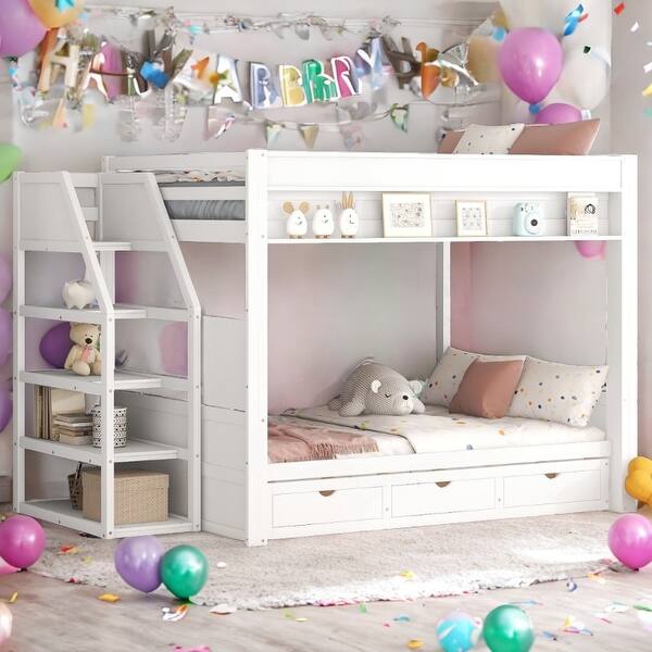 slide 2 of 20, Convertible Design Wood Full Size Bunk Bed with Storage Staircase, Bedside Table, and 3 Drawers White