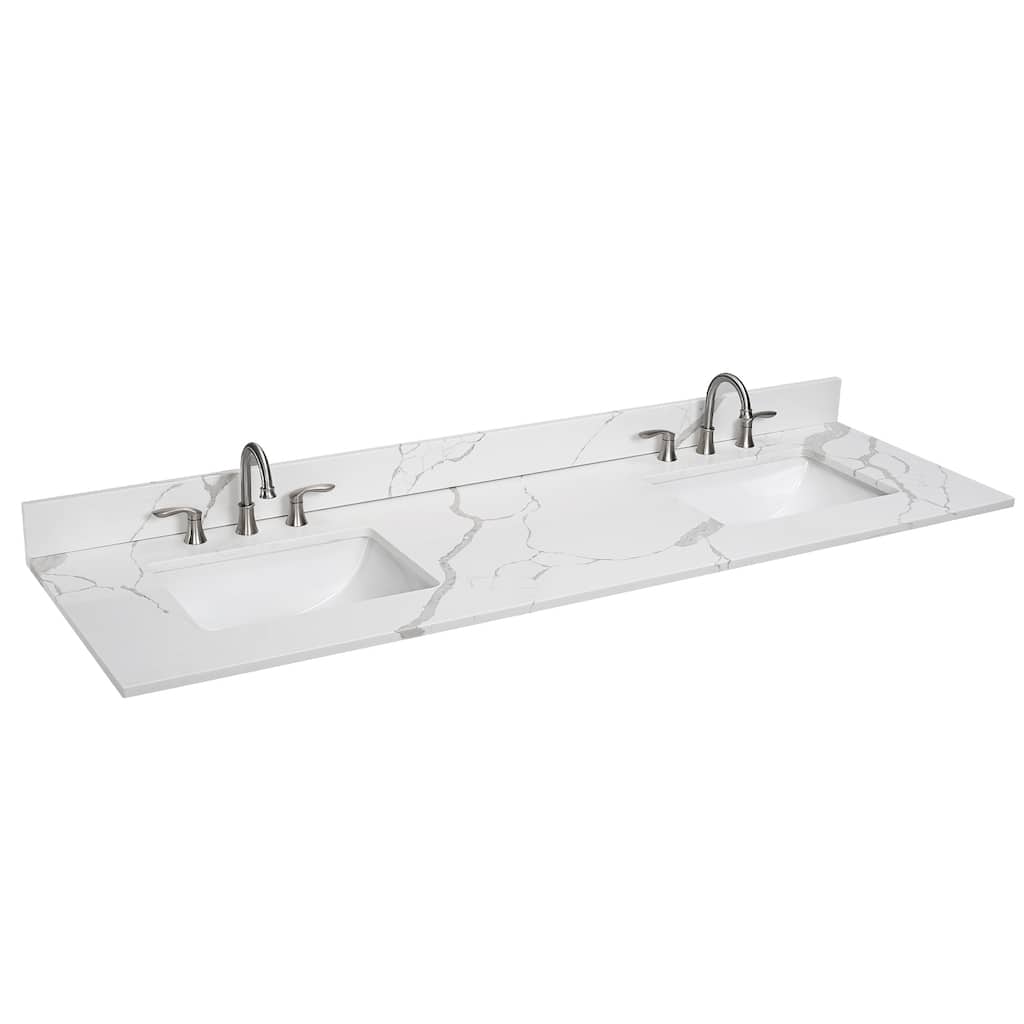 Bath Vanity Quartz Overhand Top with Rectangular Sink Backsplash Sidesplash Included in Calacatta Sevella