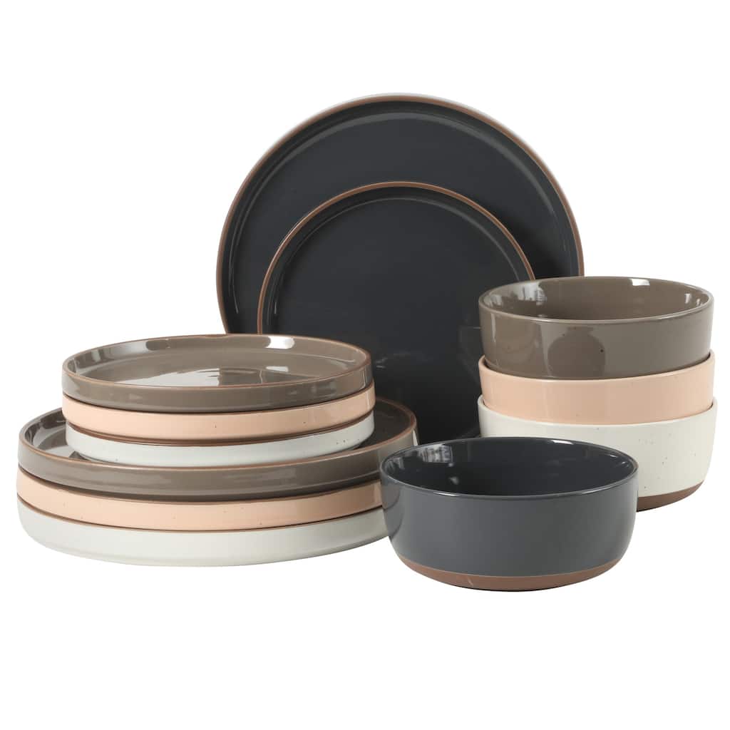 Gibson Elite Northrock Stoneware Dinnerware Set, 16-Piece Service for 4 - Assorted Colors with Hand-Painted Terracotta Base
