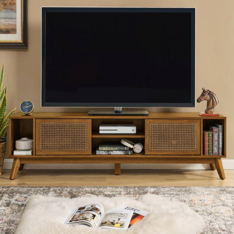 67.9 Inch Mid Century Modern Rattan TV Stand for TVs up to 75"