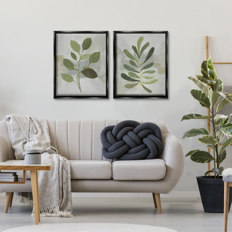 Stupell Green Leaf Branches on Grey Framed Floater Canvas Wall Art Design By Lanie Loreth (Set of 2)