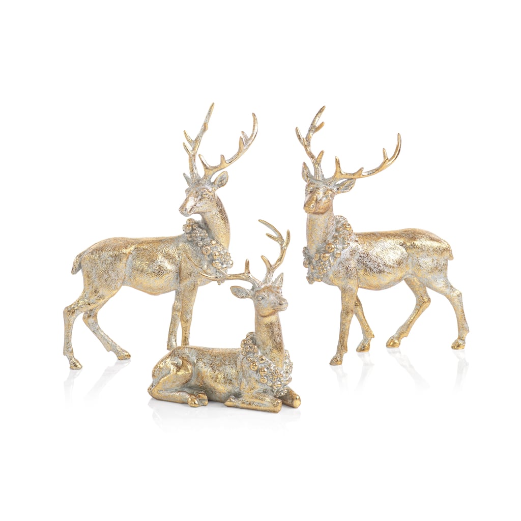 3-Piece Deer Figurine Statue Set with Ornamental Wreath