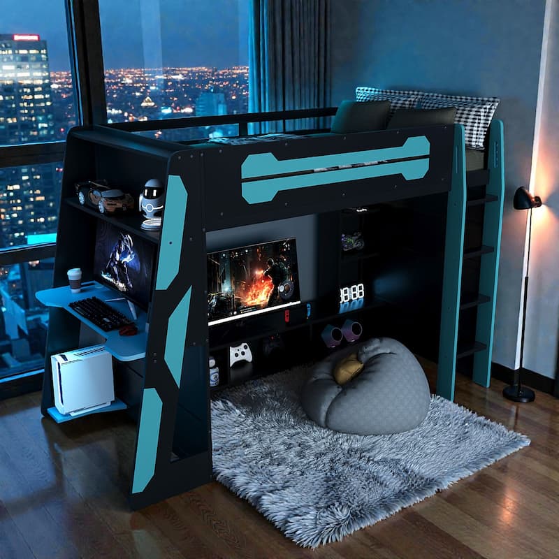 Twin Size Gaming Loft Bed with Desk, Multi-Storage Shelves, RGB Light Strip, Wood Frame, Esports Style Setup