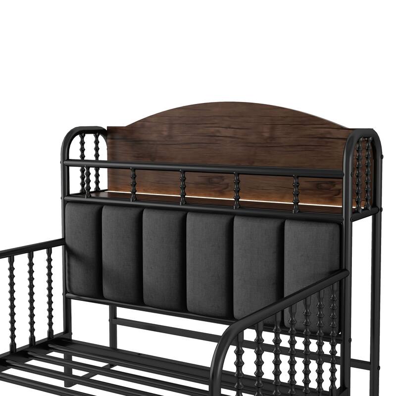 Kids Platform Bed Metal Frame with Linen Fabric Upholstered Storage Headboard Built-in Light Strip, Both Sides Rails