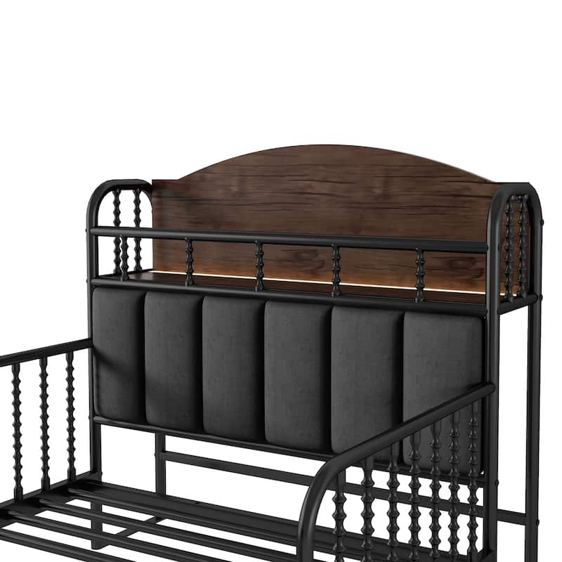 Twin Size Metal Platform Bed Frame with Light, Kids Twin Metal Bed with Upholstered and Storage Headboard