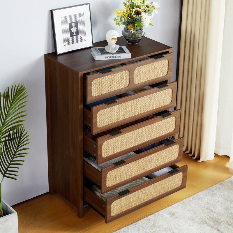 Wooden Rattan 5-Drawer Storage Cabinet Dresser