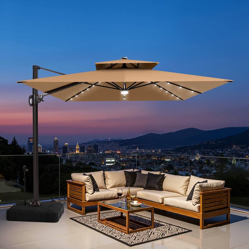 9 x 11 FT Outdoor Rectangular Solar LED Lights Double Top Patio Cantilever Offset Umbrella and Base with Wheels and Drag Rod - Tan