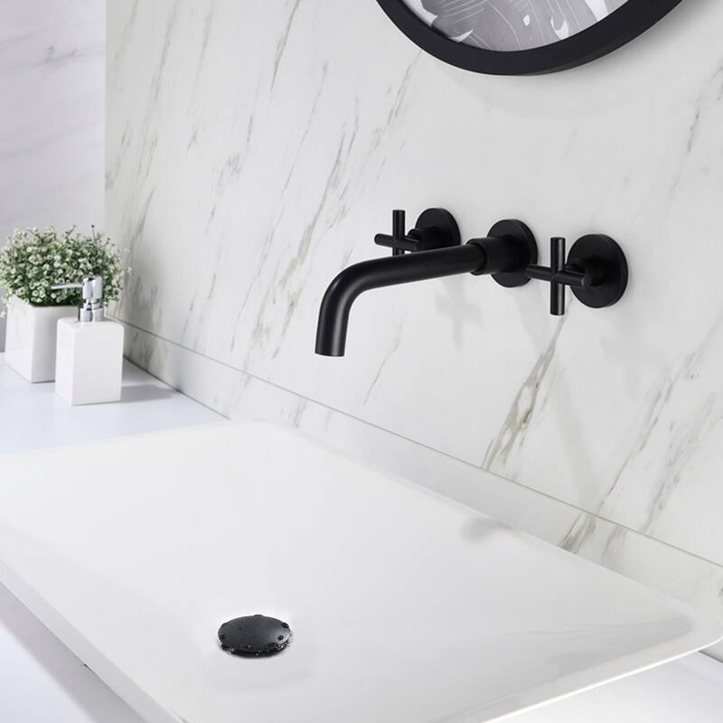 Wall Mounted Dual Handle Bathroom Sink Faucet with Pop-Up Drain (No Overflow)