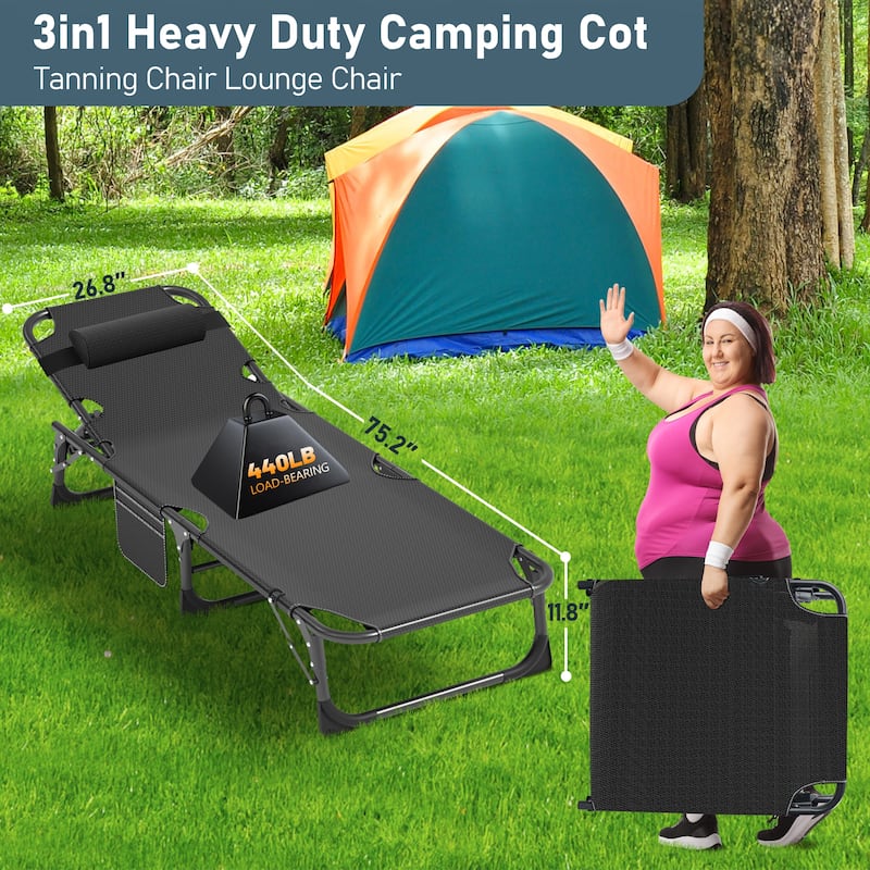 Portable Folding Camping Cot with Mattress Pillow, Patio Lounge Chair
