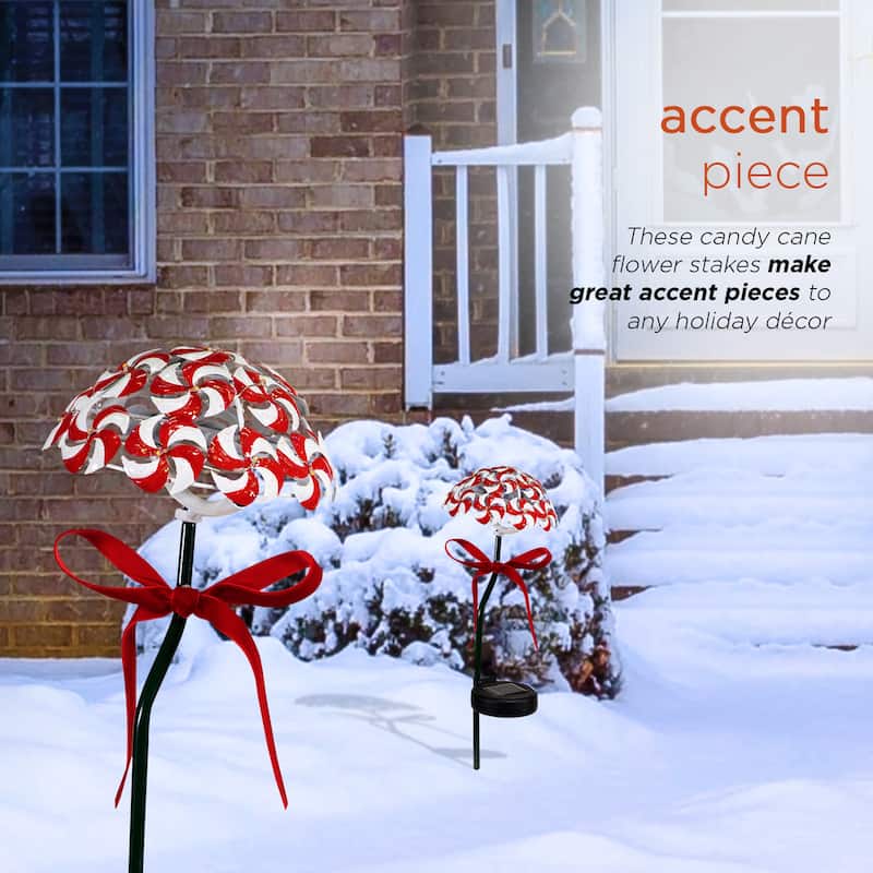 Alpine Corporation 20"H Outdoor Christmas Solar Candy Cane Lawn Stakes with LED Lights, Red/White (Set of 2) - Red