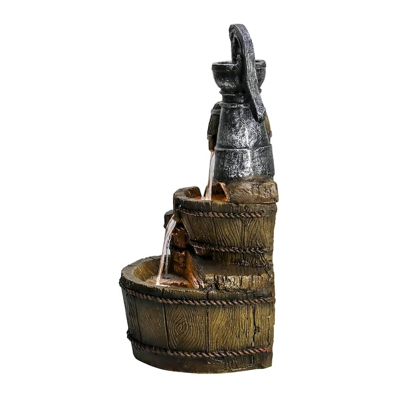 Outdoor Floor Rustic 5-Tiered Barrel and Pump Water Fountain for Home