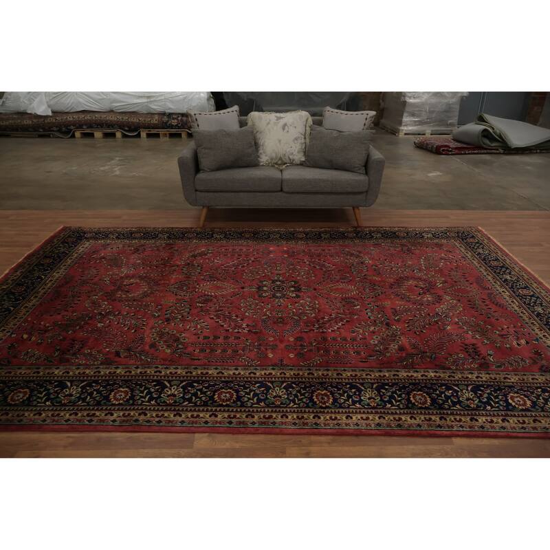 Hand Knotted Oriental 100% Wool Carpet Traditional Floral Red Sarouk Area Rug - 11' 9'' X 7' 9''