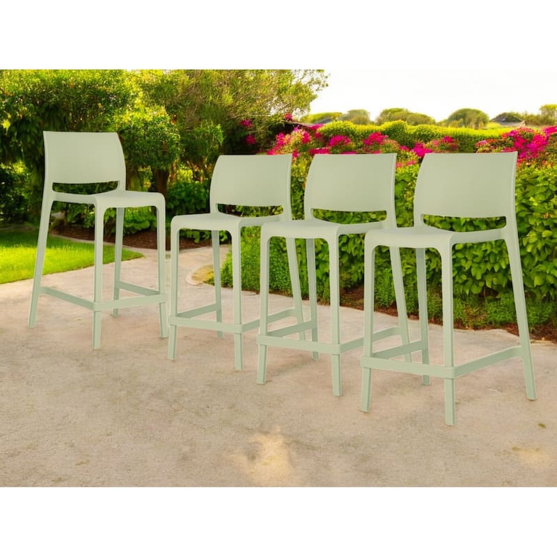 HomeRoots Set of Four 26" Green Heavy Duty Plastic Low Back Outdoor Counter Height Bar Chairs - Green