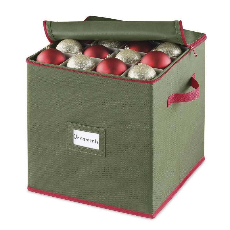 Whitmor 64 Section Christmas Ornament Box with Identification Label, Green with Red Trim