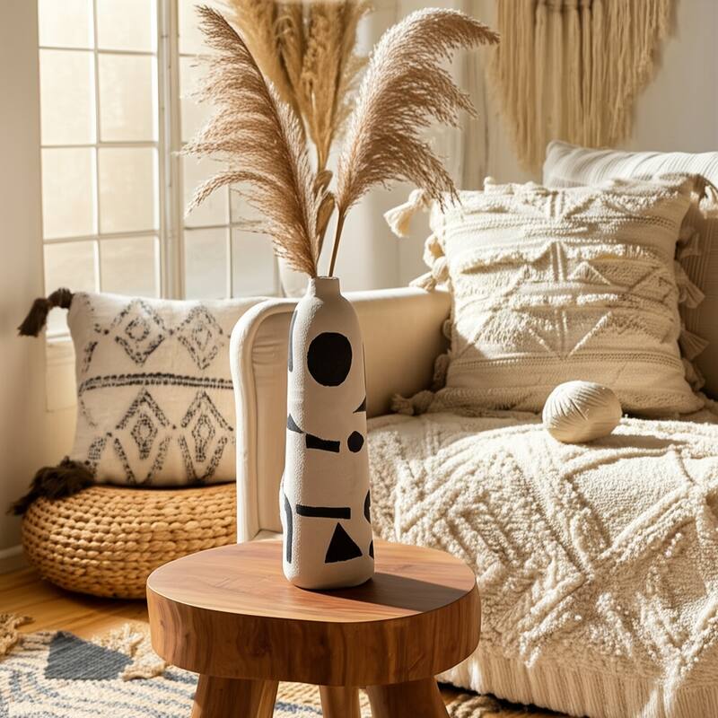 Ceramic Cylinder Geometric Funky Vase - Ivory, 15"