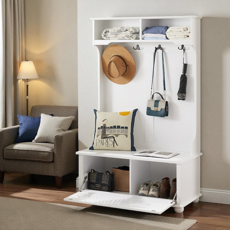 Modern Classic 64'' Hall Tree with Shoe Rack Bench, Coat Hooks & Shelves, 4-in-1 Entryway Organizer Cabinet