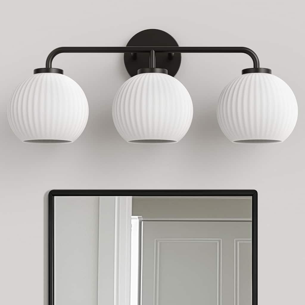 YANSUN 3-Light Black Mirror Vanity Light,Modern Bathroom Wall Light Fixture with Milk White Striped Glass Spheres for Vanity