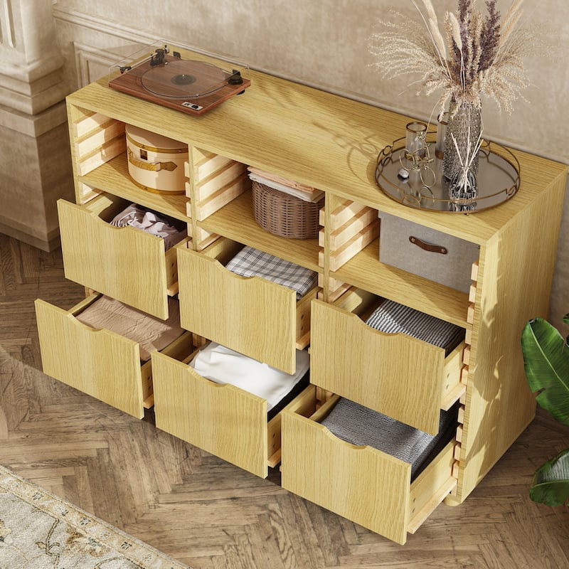 Buffet Sideboard 6-Drawer Wood Storage Cabinet with Adjustable Shelves, Solid Slat Panels