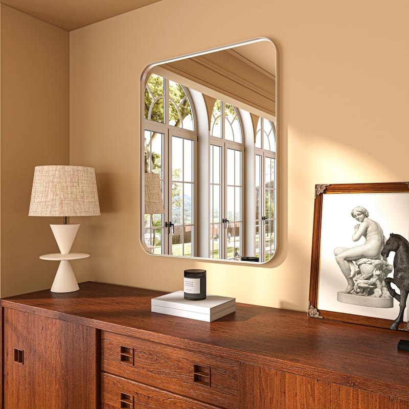 Organnice Rectangular Aluminum Framed Modern Rounded Wall Mount Mirror
