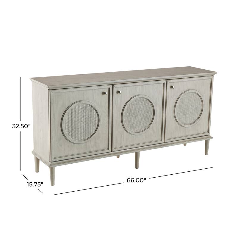 Wooden Washed Circular Woven Rattan 3 Door Sideboard with Round Silver Knobs - Light Gray - Roche River Decor