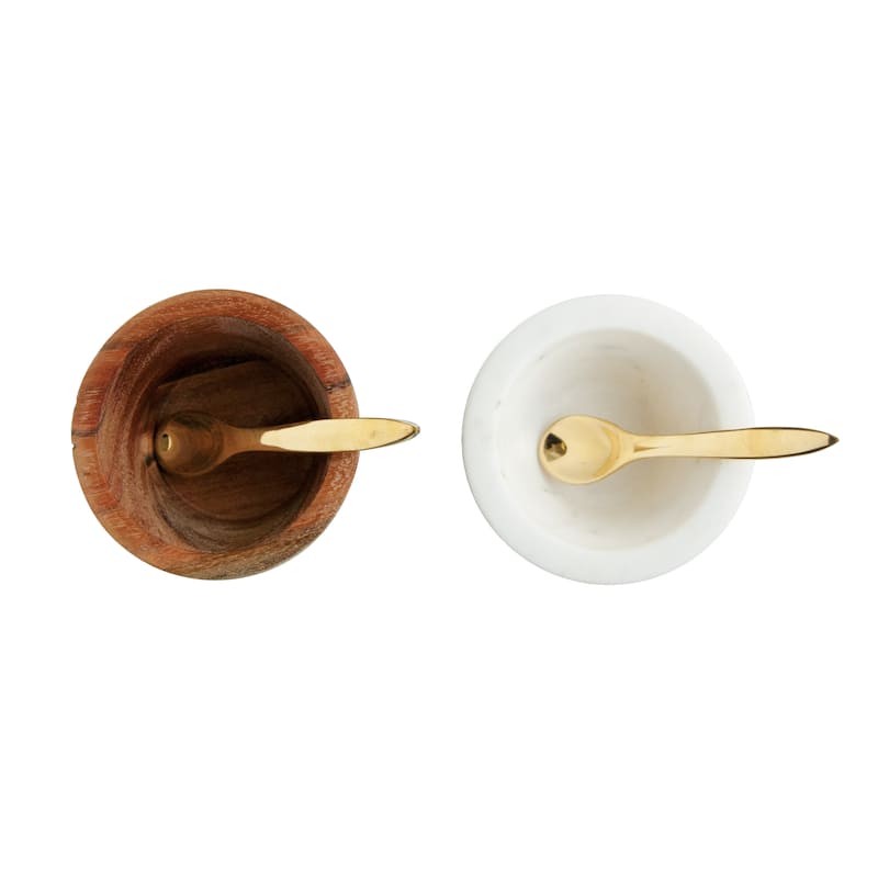 Marble and Mango Wood Pinch Pot with Spoon - 3.0"L x 3.0"W x 2.5"H