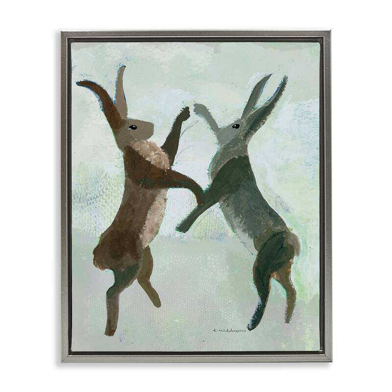 Stupell Boxing Hares in Neutral Tones Framed Floater Canvas Wall Art Design By Kay Widdowson - 25 x 31 - Grey