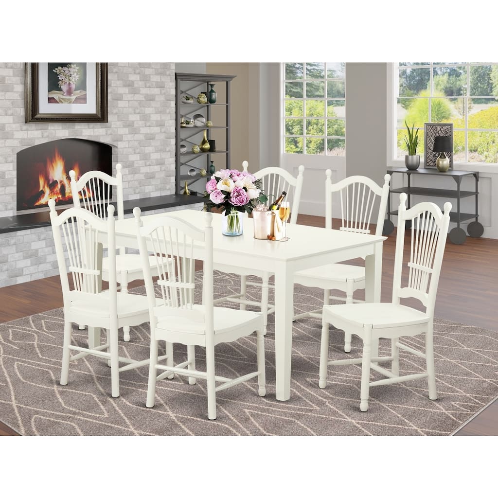 HomeStock 7-Piece Linen White Finish Solid Wood Top Dining Table with 6 Chairs with Lattice Back