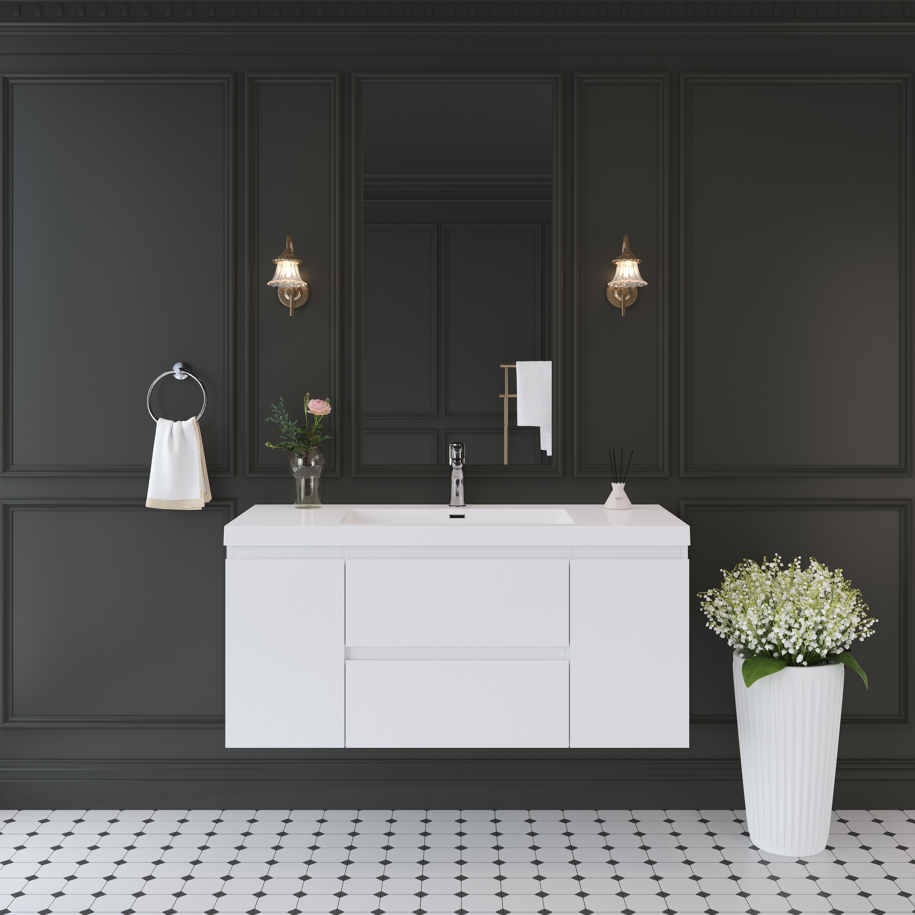 Modern Wall-Mounted Bathroom Vanity with White Solid Surface Top