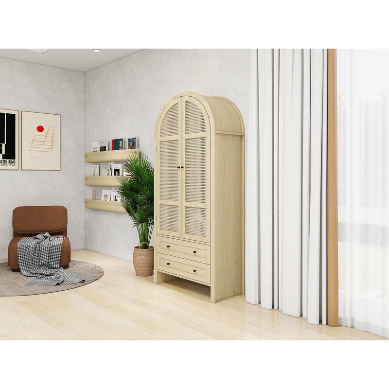 70.28" Tall Arched Kitchen Pantry, Arched Storage Display Cabinet with 2 Drawers & Adjustable Shelves