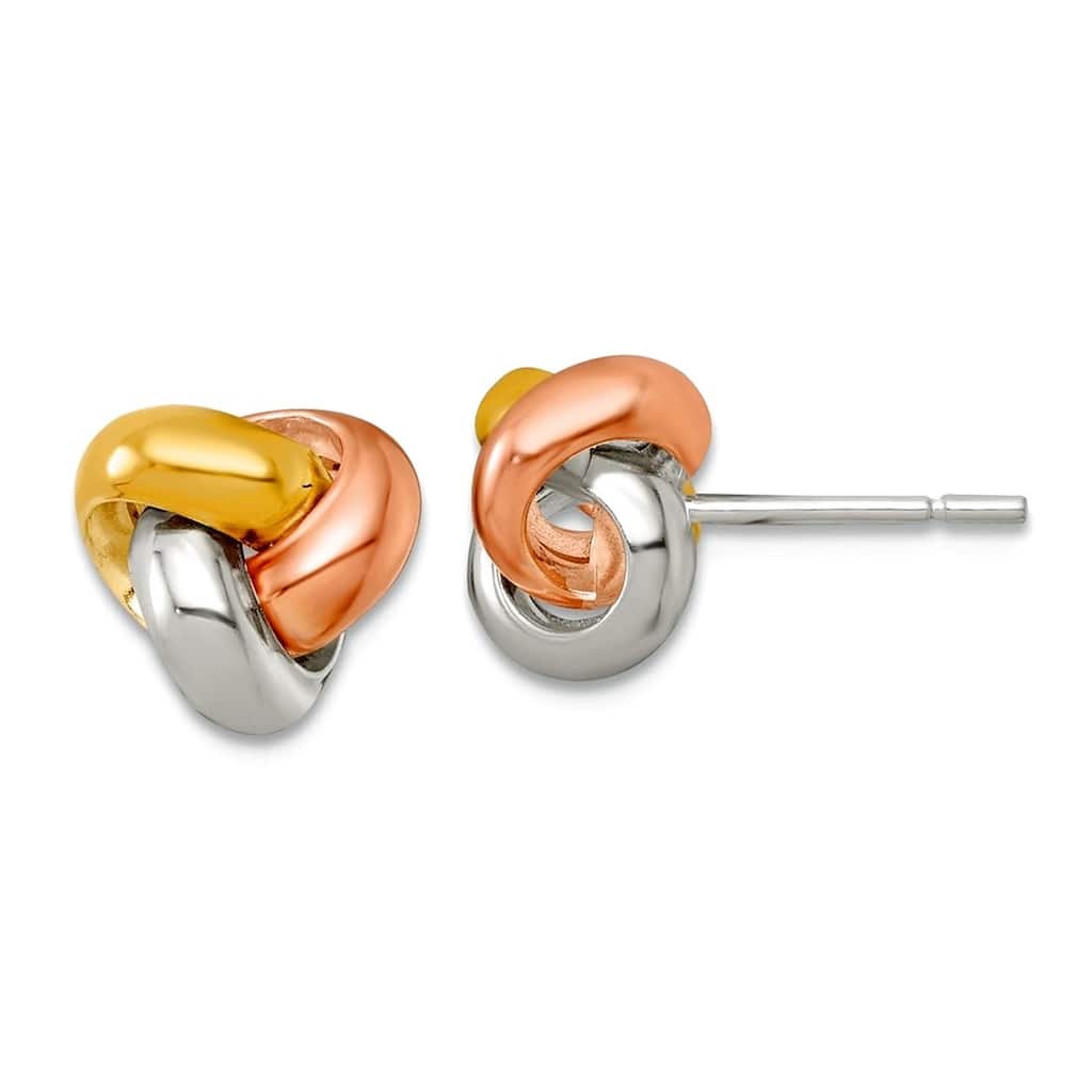 Curata 925 Sterling Silver 9mm Tricolor Yellow Rose Gold Plated Loveknot Stud Earrings