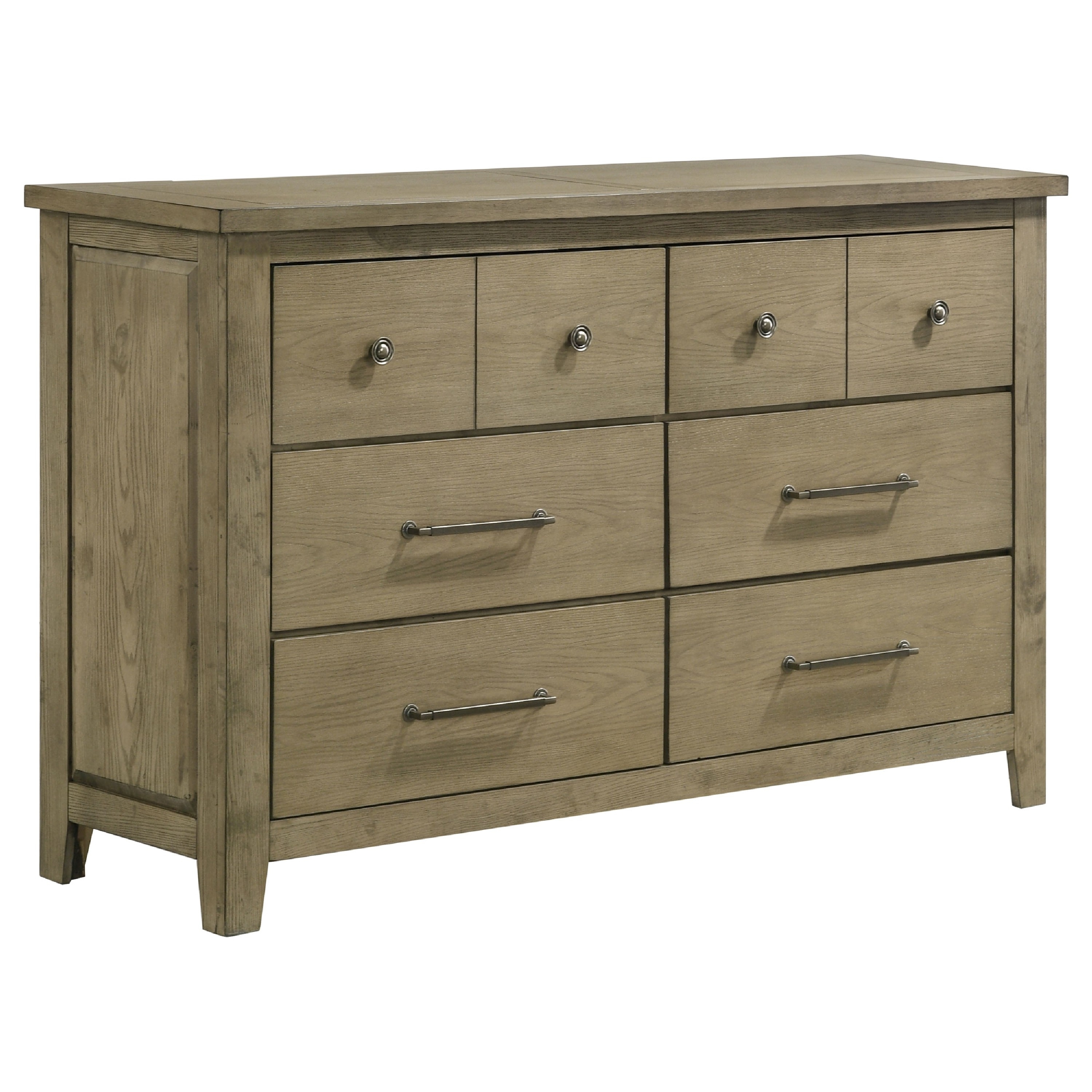 Hazel Wide Dresser, 6 Drawers, Antique Nickel Metal, Oak Brown Wood