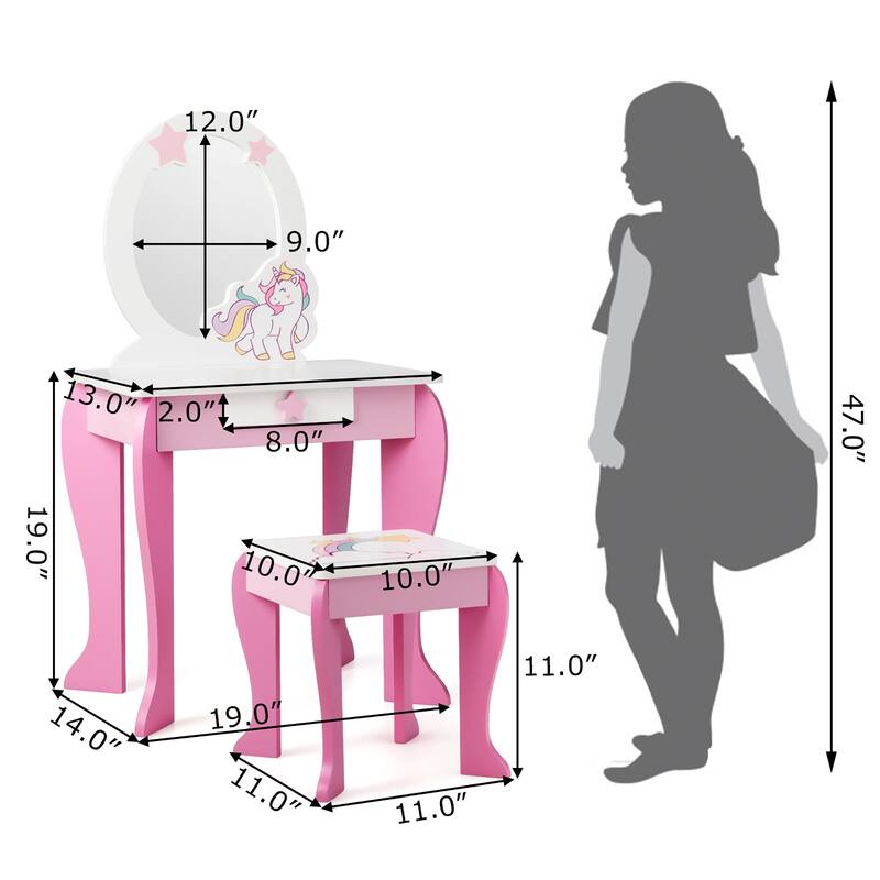 Kids Vanity Set with Mirror Wooden Princess Makeup Table and Stool Set