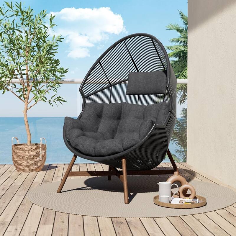 Outdoor Egg Chair, Oversized PE Wicker Lounger Chair with Cushion for Backyard Back Porch, Dark Grey