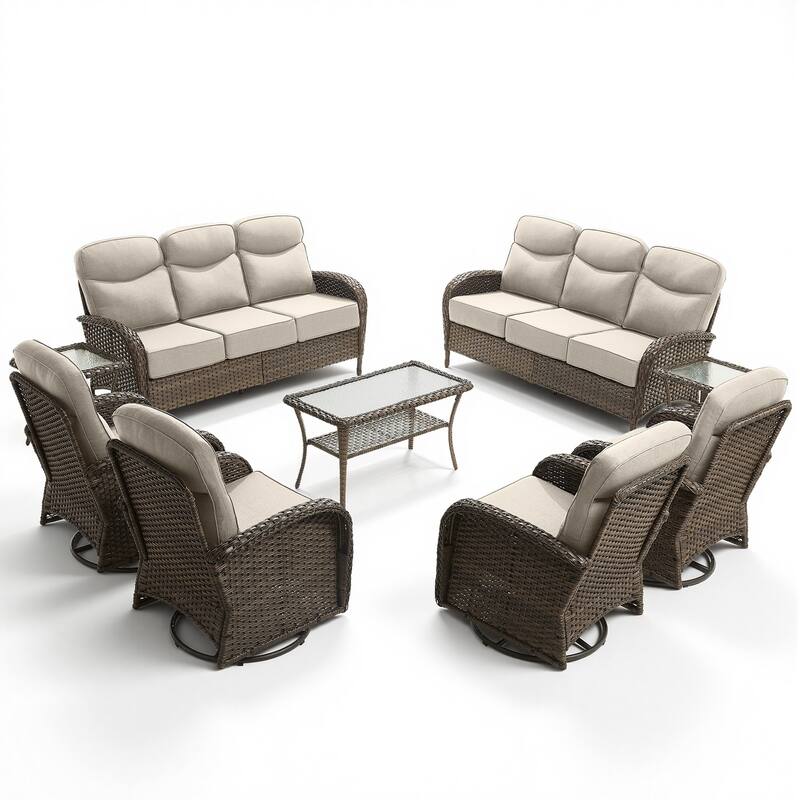 Pocassy Patio 3-Seat Sofa Swivel Chair Table with Ottoman