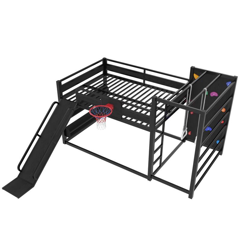 Full size metal loft bed with basketball hoop, pull-up rings, climbing wall, and built-in bookshelves