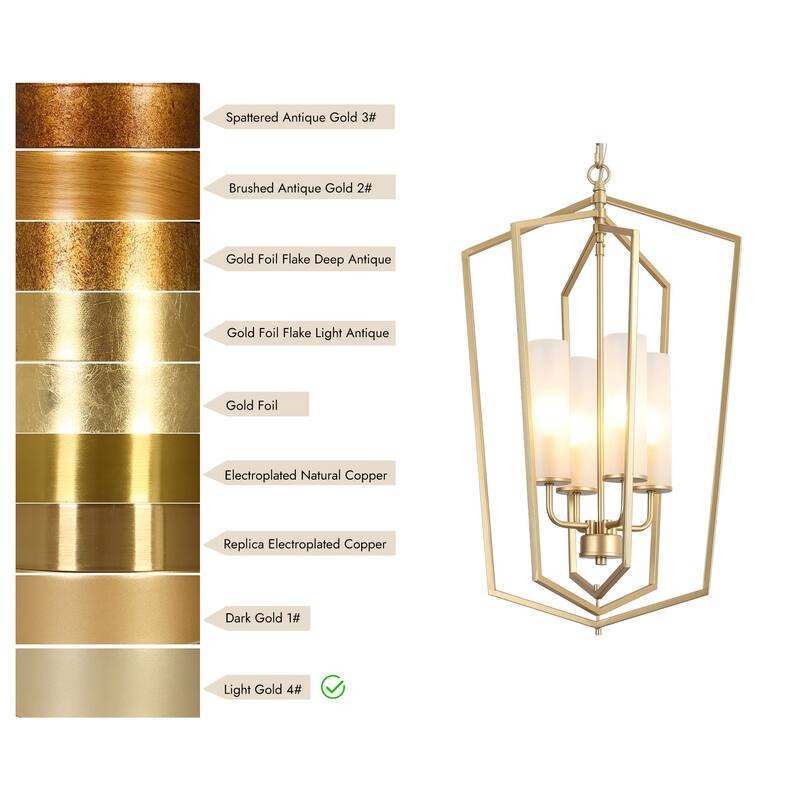 Modern Gold 4-Light Lantern Chandelier Geometric Glass Pendant Light Fixture for Kitchen Dining Room - 16.5"Dx27"H