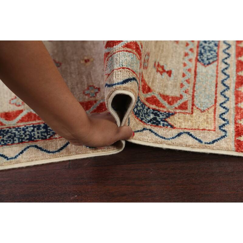 Vegetable Dye Tribal Geometric Kazak Area Rug Hand-knotted Wool Carpet - 4'0" x 5'7"
